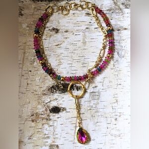 Pink & Green Tourmaline W/ Large Volcano Crystal Pendant in 2-Strand GP Necklace